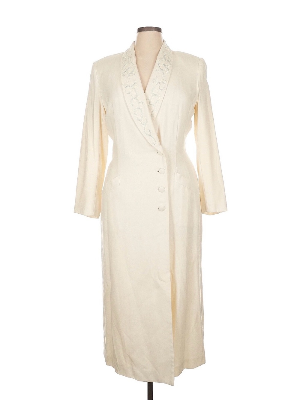 Vintage Pinup Luxury Cream Long Asymmetrical Blazer Coat with Embroidered Lapel